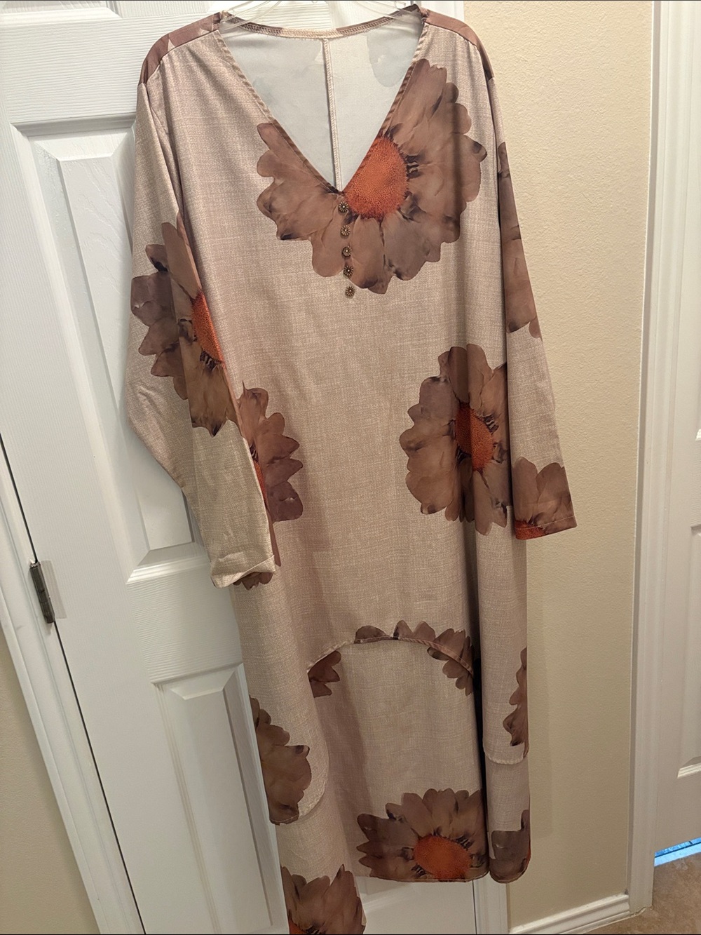 Beige Floral Long Sleeve V-Neck Maxi Dress